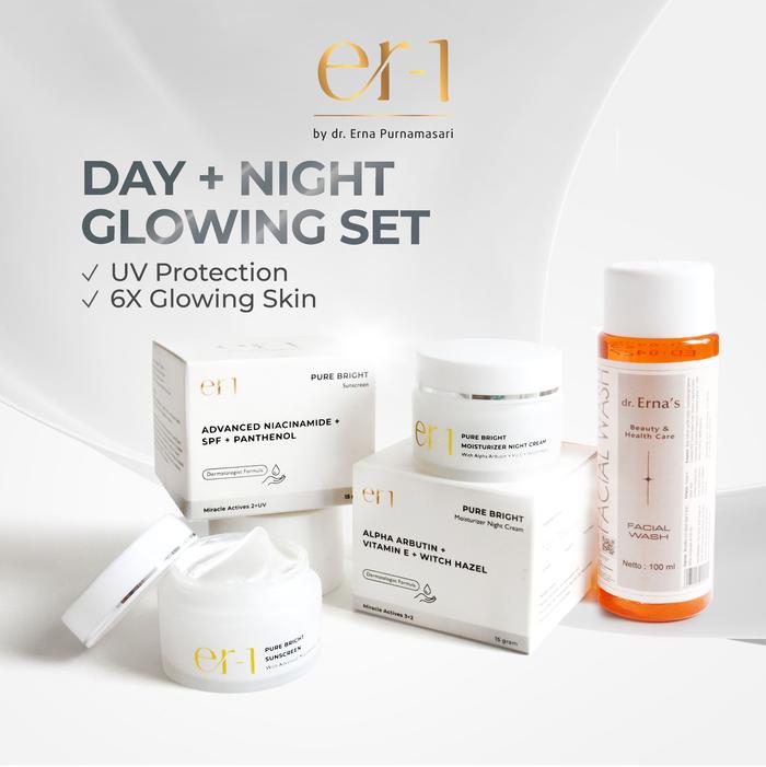 Gambar er-1 by dr. Erna Day Night Cleanser Glowing Set 3 Pcs - Paket Skincare Brightening Pencerah - Night Cream Day Cream Sunscreen Facial Wash Cleanser Arbutin Mencerahkan dari er-1 by dr. Erna undefined Tokopedia