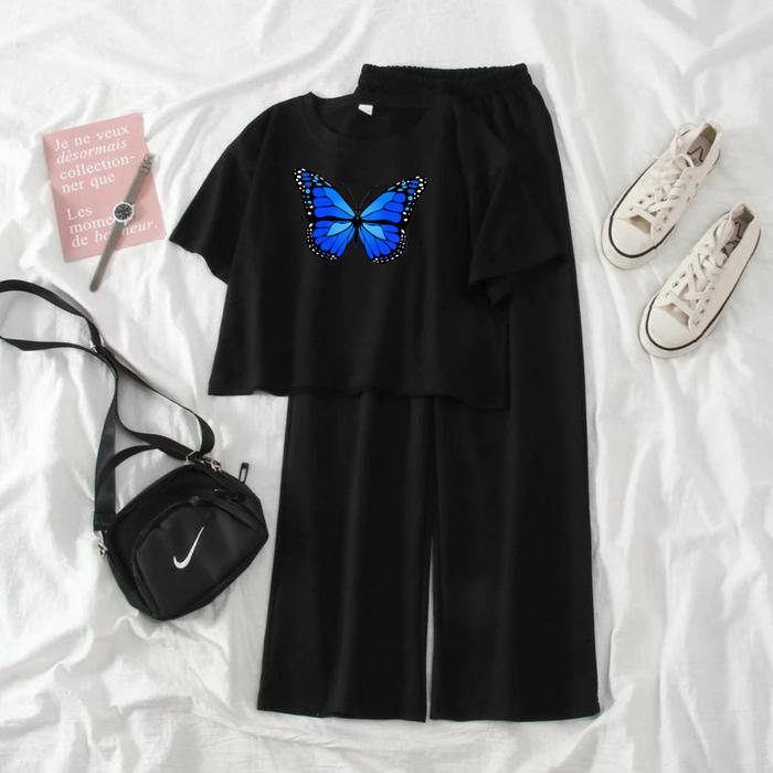 Gambar JBF Baju 1Stel Remeja Perempuan Dan Celana Kulot Motif BUtterfly - HITAM HITAM, ALL SIZE LD 100CM dari Joy Beauty Fashion_NEW undefined Tokopedia
