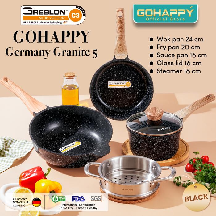 Gambar PANCI SET TERBAIK Germany Gohappy Granite 5PCS ANTI LENGKET GREBLON C3 Bonus alat kukus ( Wajan Wokpan + sauce pan + penggorengan fry pan) Kaca Wok - GRANITE SET 5PC BLACK dari Mayba Store undefined Tokopedia