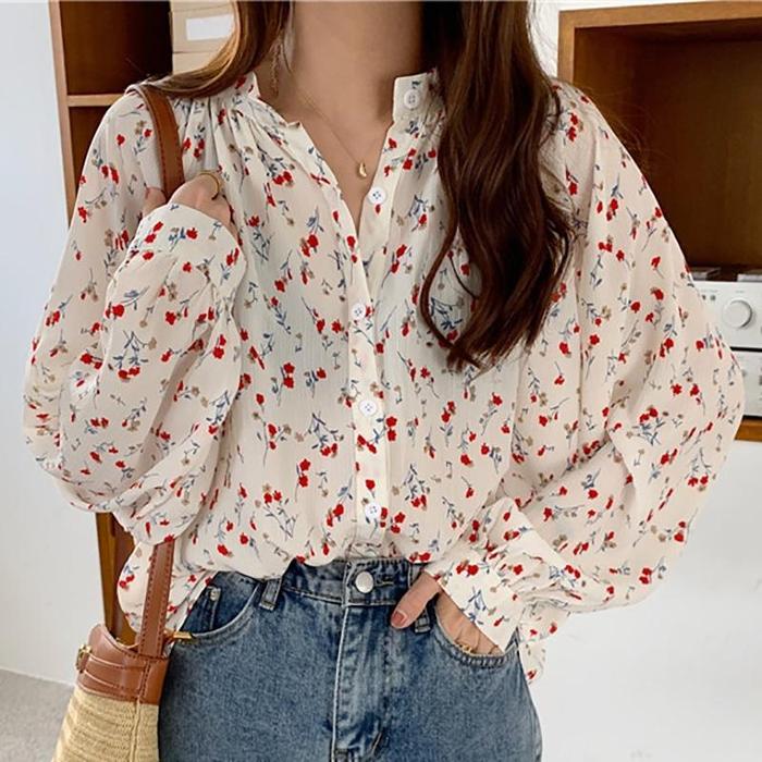 Gambar Moria XF007 Blouse floral import lengan panjang size besar wanita atasan Korean style Atasan Blouse import korea wanita putih floral bunga lengan panjang chiffon Korean Style - White, M dari Moriafashion undefined Tokopedia