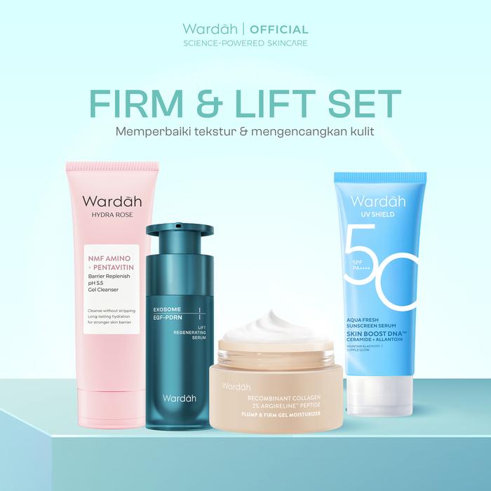 Gambar Wardah Paket 4 pcs Skincare Solusi Masalah Kulit - Face Wash, Moisturizer, Serum, & Sunscreen (Acnederm, Cica, Panthenol, UV Shield, Amino Facial Wash, Airy, Crystal Secret, Lightening, Day Cream) - Skincare - Firm & Lift Set dari wardahbeautyid undefined Tokopedia