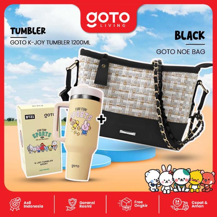 Gambar Goto Living X Mak San [Paket Bundling 2 In 1] Botol Minum Tumbler BT21 Sport Tahan Panas Dingin 1200ML + Sling Bag Tas Selempang Wanita Rajut #CR - D7 BLACK dari Goto Living Kota Tangerang Tokopedia