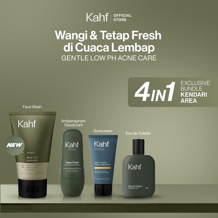 Gambar [EXCLUSIVE BUNDLE FOR KENDARI AREA - BUNDLE 45 : BUY 4 GET 5] Kahf 4in1 Paket Wangi & Tetap Fresh di Cuaca Lembap (Face Wash + Sunscreen + Deodorant + Eau de Toilette) - Suitable for Daily Use - NEW! Acne LowpH dari KAHF_NEW undefined Tokopedia