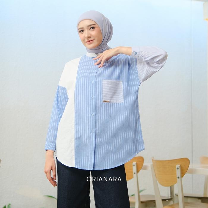 Gambar Orianara YONA SHIRT Kemeja Wanita Oversize Katun Stripe Casual Panjang - Blue Sky, S fit to M dari orianara.id undefined Tokopedia