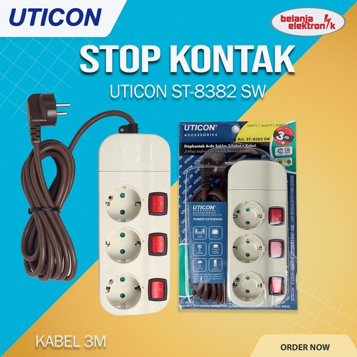 Gambar STOP KONTAK 3 LUBANG KABEL 3 METER TERMINAL KONTAK KUNINGAN + SAKLAR UTICON ST-8382 SW - white, UTICON-127-ST8382SW30 dari Belanja Elektronik undefined Tokopedia