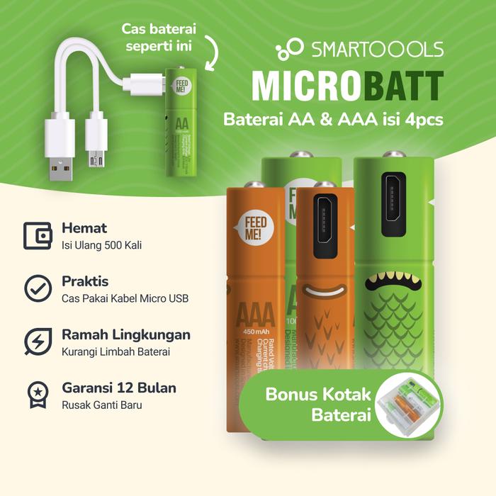Gambar Baterai Cas Isi Ulang 4pcs Smartoools MicroBatt AA & AAA 1.2V USB Type-C Rechargeable NiMH Battery - Micro USB 1000mAh dari Smartoools undefined Tokopedia