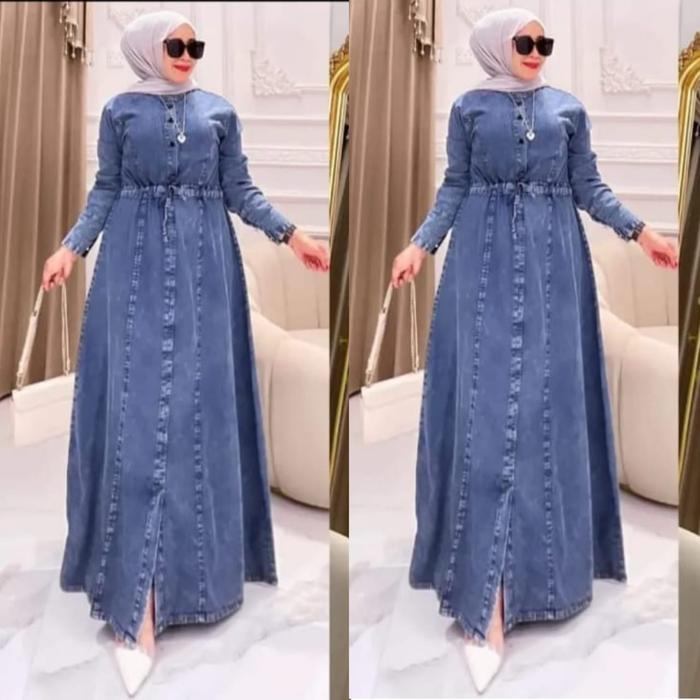 Gambar Gamis Jeans Wanita Model Terbaru Dress Jeans Premium  Baju Gamis Polos Busana Muslim Wanita Dewasa Jubah Muslim Gamis Busui Pakaian Wanita Model Terbaru Kancing Maxi Mewah Lebaran Remaja Midi Pesta Kondangan - Snow, XL dari HILDA-STORE undefined Tokopedia