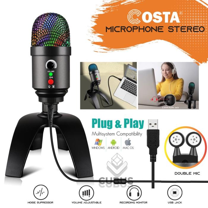 Gambar COSTA CM-S10 RGB Microphone Condenser USB Stereo Mic Omnidirectional bluetooth komputer laptop  mikrofon Led Merah Wireless - Black dari CUBUS.CO.ID undefined Tokopedia