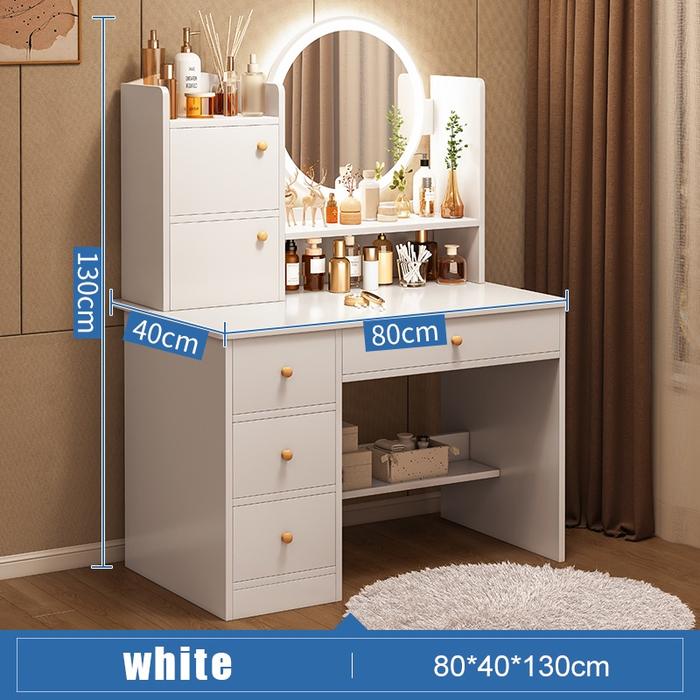 Gambar Meja Rias Cermin Bulat / Meja Kosmetik Dengan Lampu Led Minimalis / Meja Make up Putih  /90cm Meja Rias Minimalis/Meja Rias Putih/Meja Rias Modern Minimalis/Meja Kosmetik / Dressing Table Furniture - 4Laci_2Pintu (LED) dari Key Life Mall undefined Tokopedia