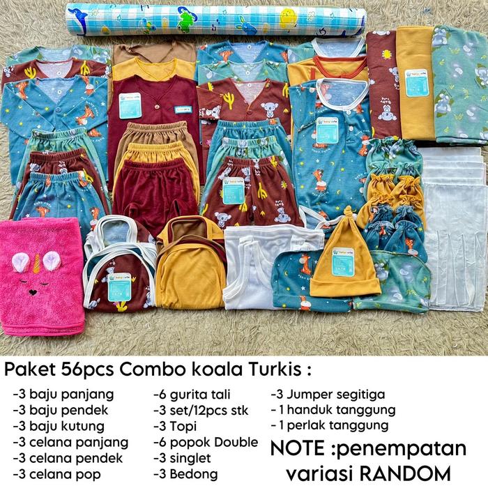 Gambar NAKITA 56pcs Paket Komplit Combo Koala polos Perlengkapan Baju Bayi Baru Lahir/Newborn SNI Cewek Cowok Promo 9.9 Katun PE Double Parsel / Hampers - 56pcs Combo Koala Turkis, S dari Nakita Moms And Baby undefined Tokopedia