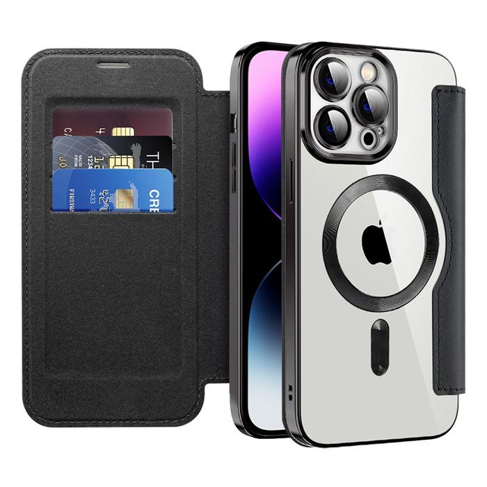 Gambar Magnetic Flip Wireless Charging Leather Phone Case for iPhone 15 14 13 12 11 Pro Max Plus Anti-Shock Casing Cover - HITAM, IP 11 PRO dari Myroots store undefined Tokopedia