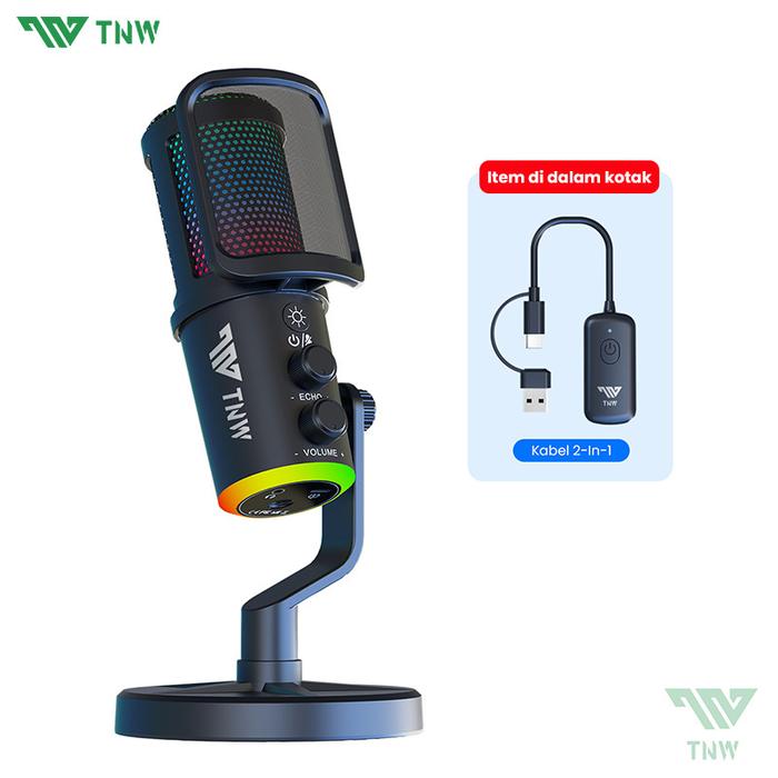 Gambar TNW K20 Wireless Microphone Condenser USB Type-C Mikrofon With RGB Light Untuk PC Streaming&Gaming - K20 Hitam dari TNW Tech undefined Tokopedia