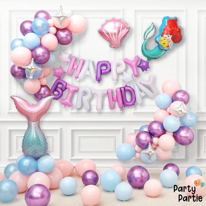Gambar [Paket Kids] Mermaid Purple Pink & Blue Birthday Balloon Theme dari PartyPartie undefined Tokopedia