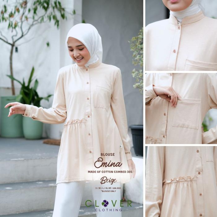 Gambar Clover Clothing Blouse Emina - Blouse Elegan Simple Baju Tunik Wanita Bahan Kaos Combed 30s - Beige, XL dari Virrio Hijab Store undefined Tokopedia
