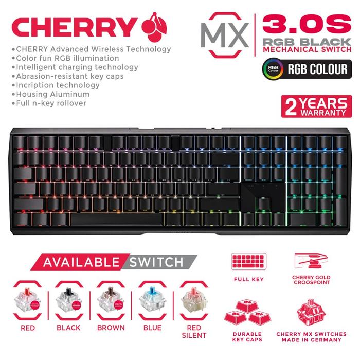 Gambar CHERRY MX Wireless Gaming Keyboard Full Size MX 3.0S WL RGB BLACK - MX BLUE dari Cherry Indonesia undefined Tokopedia