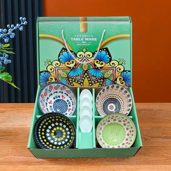 Gambar AVELINE Mangkok Set Premium peralatan Makan keramik Souvenir Gift  Hampers Japaness Style Marbel  Kitchenware - 4 Aiko + Sendok dari Aveline_NEW undefined Tokopedia