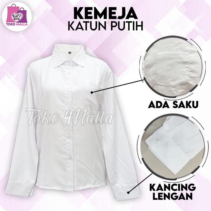 Gambar Kemeja wanita Putih Polos Pakaian Hem jumbo dan standar  Atasan Cewe Lengan Panjang Baju Kerja Perempuan Katun Dewasa dan Remaja Kancing Kantong Lembut Nyaman Tangan Hitam Cewek Premium - Putih, L dari Toko malla undefined Tokopedia
