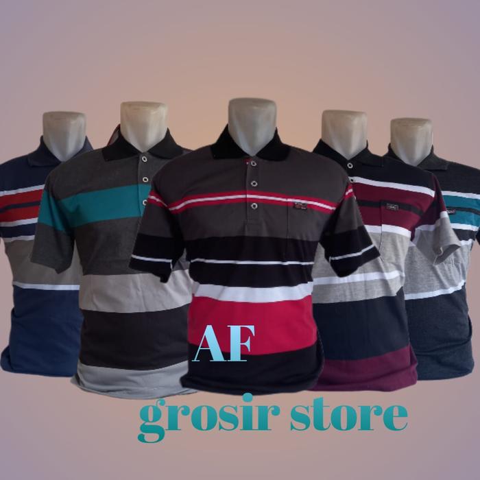 Gambar Kaos kerah Dewasa  lengan pendek pria motif salur baju bapak-bapak bersaku - Biru, L dari AF GROSIR STORE undefined Tokopedia