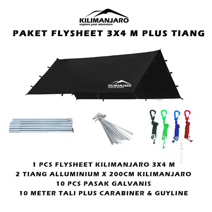 Gambar Paket Flysheet 3x4 Plus Tiang Pole 2 x 200 cm Lengkap dengan tali dan pasak Tenda - Hitam dari Kilimanjaro Outdoor undefined Tokopedia