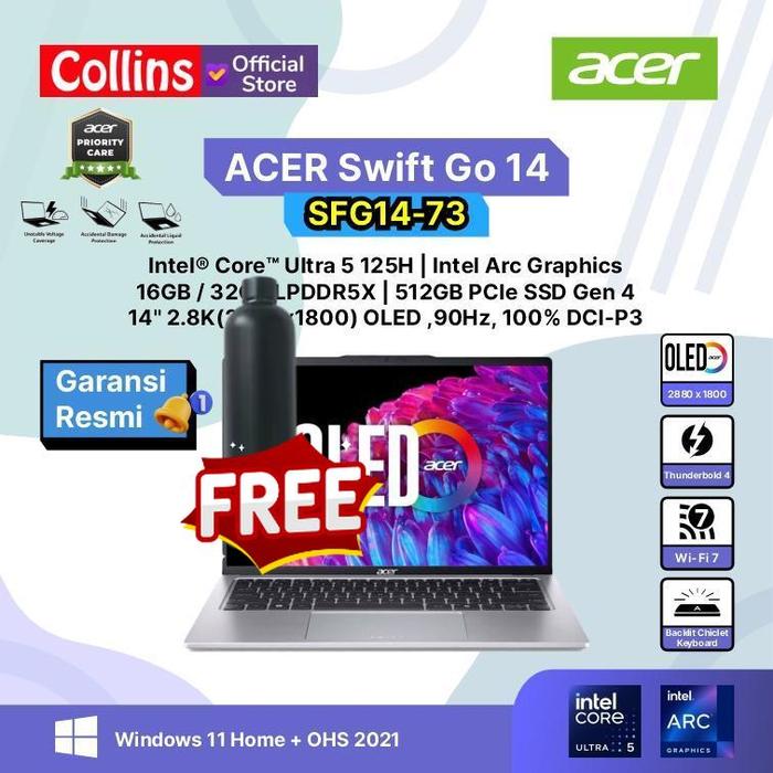 Gambar Acer Swift Go 14 AI SFG14-73 Ultra 5-125H 512GB 14" 2.8K OLED W11 OHS - RAM 32GB dari Collins Official undefined Tokopedia