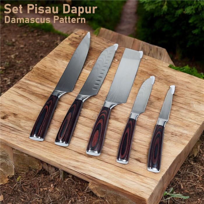 Gambar Digap Set Pisau Dapur Damascus Pattern Chef Paring Santoku Knife 5 PCS - DL5 - Silver dari DIGAP Indonesia undefined Tokopedia