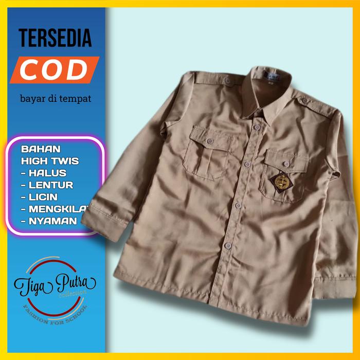 Gambar Baju Pramuka Laki Laki Lengan Panjang Seragam Sekolah SD/SMP/SMA Bahan Kain High Twis Nyaman Kerah Formal Keren  Kemeja Fashion Katun Pria Kantor Coklat - coklat twis, 7thn / no 2 dari Tiga Putra Seragam undefined Tokopedia