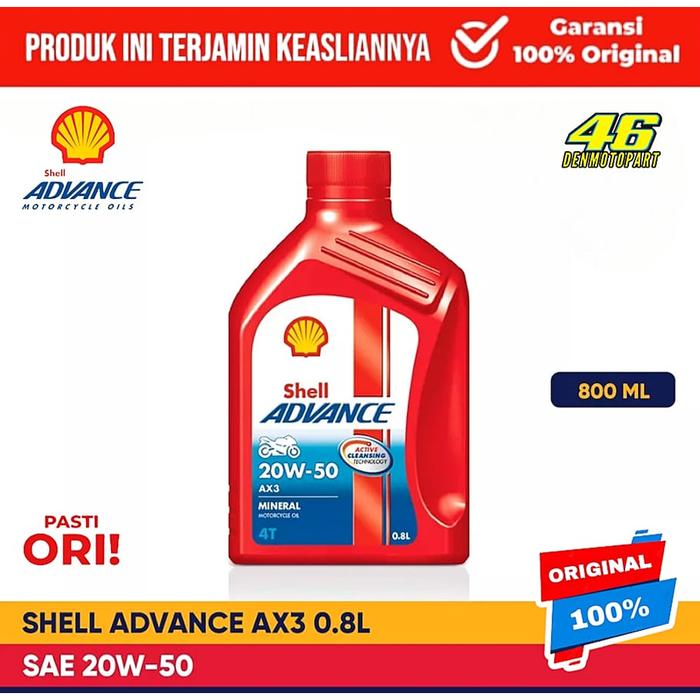 Gambar Oli Mesin SHELL ADVANCE AX3 Sae 20W-50 [ 0,8L & 1L ] Original 100% ASLI Sepeda Motor - Supra , Grand , Prima , Legenda , Revo , Karisma , Blade , Jupiter , Smash , Vega , Shogun , Mx , SPORT , CB150R , CBR , CB150R , VIXION , GLPRO ORIGINAL - AX3 20W-50 - 0,8L dari Denmotopart4 undefined 5 Tokopedia