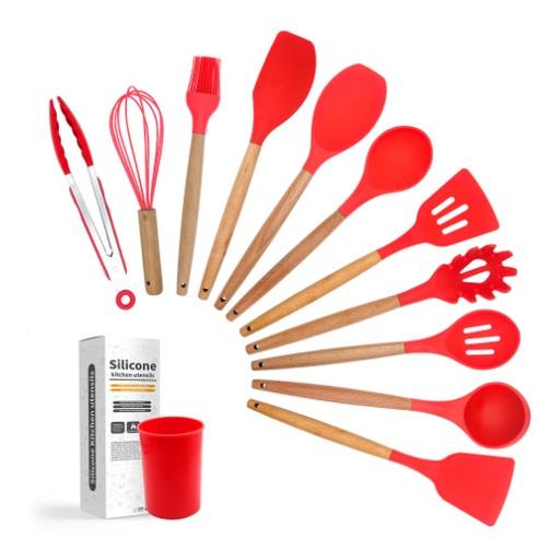 Gambar 【DELTA HOME】12 Buah Peralatan Makan Silikon + Spatula Wadah Peralatan Masak Sutil Gagang Kayu Set Kue Peralatan Masak / Peralatan Dapur Sehat Peralatan Dapur Silikon Tahan Panas Set Spatula Silikon Bebas BPA - MERAH dari Deltaoutdoor.id undefined Tokopedia
