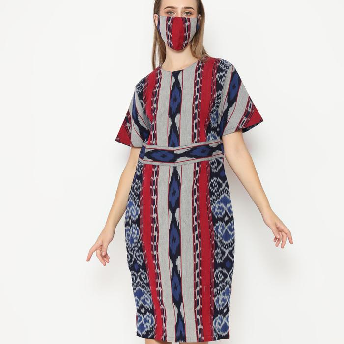 Gambar Batik Etniq Craft Sarah Midi Dress Tenun Set Masker-Merah - M dari Batik Etniq Craft undefined Tokopedia