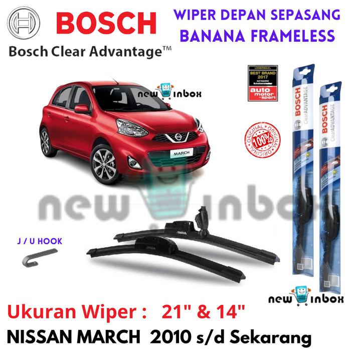 Gambar Wiper Depan Mobil NISSAN MARCH 2010-On Sepasang Frameless BOSCH CLEAR ADVANTAGE 21" & 14" ORIGINAL - Depan 21" & 14" dari NewInbox Store undefined Tokopedia