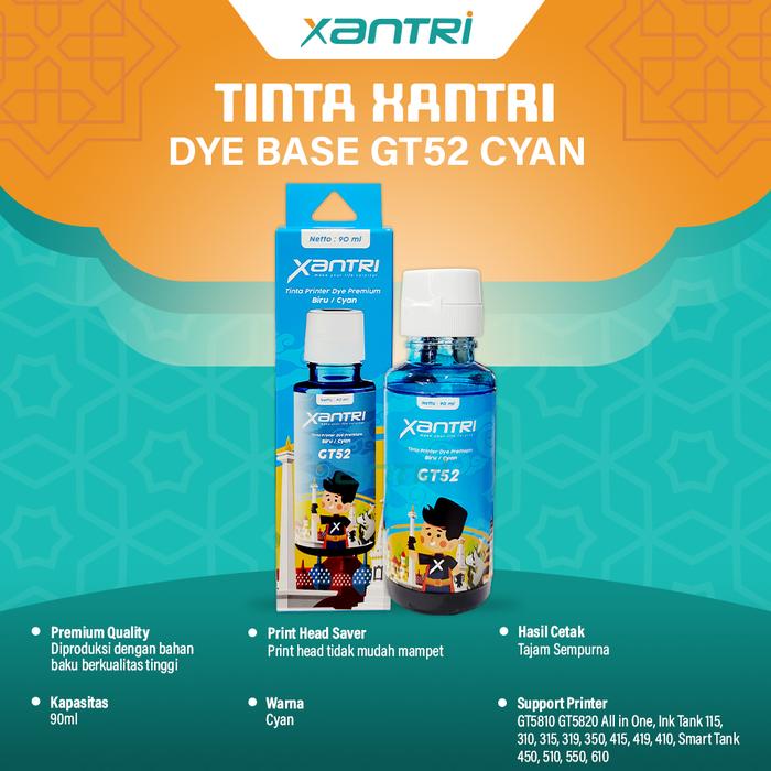 Gambar Tinta Premium Xantri GT52 Cyan Magenta Yellow Dye Base 90ml GT53 Black, Printer HP DeskJet GT5810 GT5820 All in One Ink Tank 115 310 315 319 350 415 419 410 Smart Tank 450 510 550 610 - GT52 CYAN dari Xantri.id undefined Tokopedia