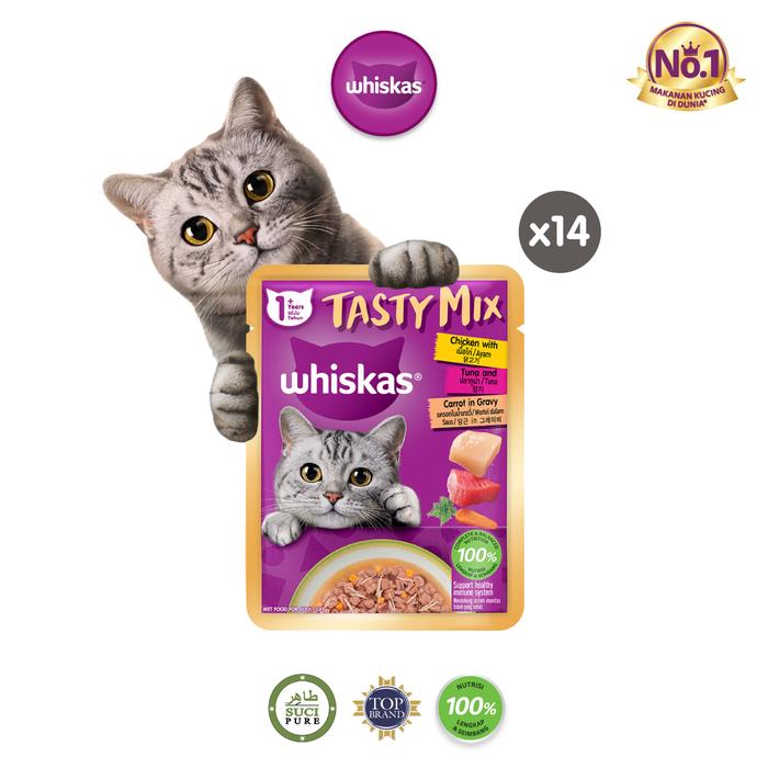 Gambar Whiskas Tasty Mix Gravy Makanan Kucing Basah Pouch 70 gr - Isi 14 whiskas - Chicken Tuna Carrot dari Whiskas Indonesia undefined Tokopedia
