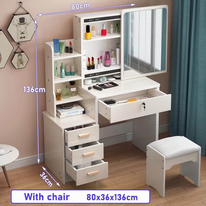 Gambar Meja Rias Lampu LED  Dengan Kursi Kaca Sliding Minimalis  Putih  / Kaca Sliding Minimalis / Meja Kosmetik / Meja Make Up Minimalis Furniture Dipan Kayu - Kaca kanan_stool dari Key Life Mall undefined Tokopedia