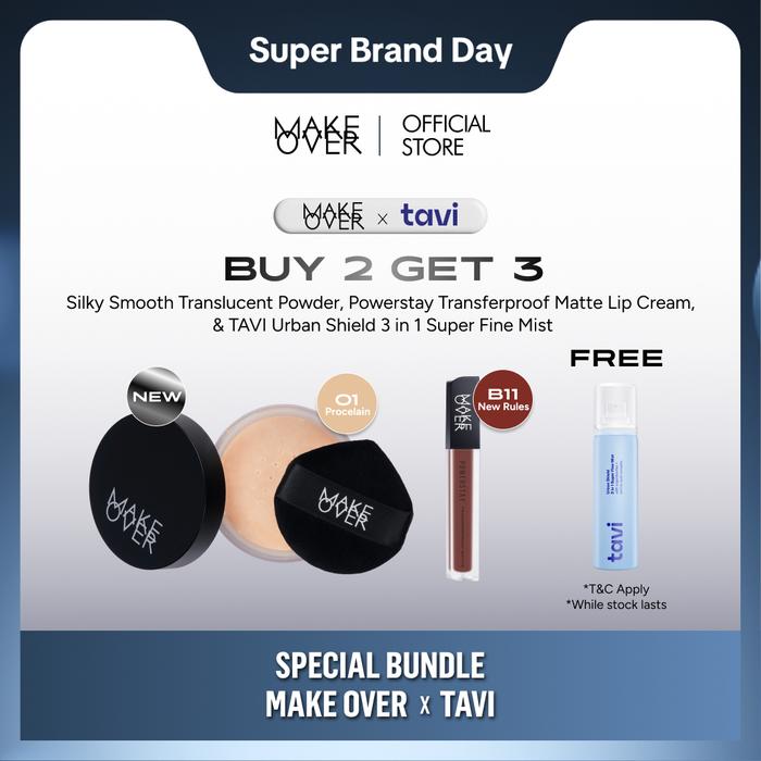 Gambar [SUPER BRAND DAY: MAKE OVER X TAVI] MAKE OVER Silky Smooth Translucent Powder + Powerstay Transferproof Matte Lip Cream Free TAVI Urban Shield 3 in 1 Super Fine Mist 90 ml - 01 + B11 dari makeoverid_NEW undefined Tokopedia