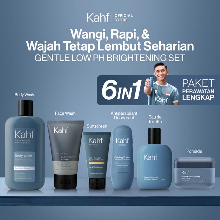 Gambar [KAHF BUNDLE 6IN1 PAKET PERAWATAN LENGKAP : WANGI, RAPI, & WAJAH TETAP LEMBUT SEHARIAN] Paket Complete Grooming (Face Wash + Sunscreen Moisturizer + Body Wash + Deodorant + EDT + Pomade/Hair Powder) - Approved by Barber and Suitable for Daily Use - NEW!BrightAmino dari KAHF_NEW undefined Tokopedia