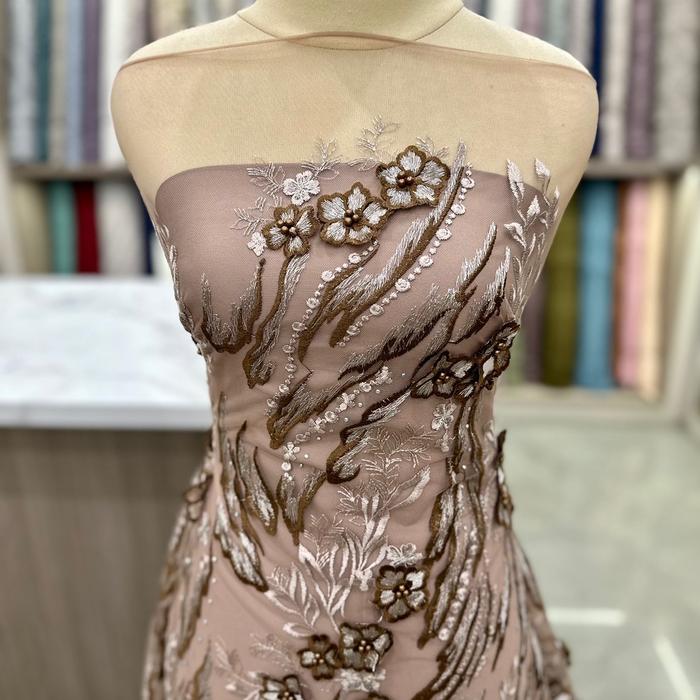 Gambar Bahan kain brokat tile tule 3D bunga Daisy / bahan kebaya premium - Coklat, Harga 0.5m dari Bintang Textile Kbm undefined Tokopedia