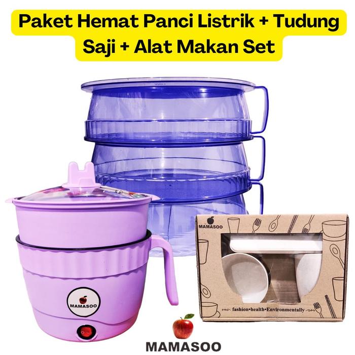 Gambar [Mamasoo] Paket Combo 3 in 1 Panci Listrik 1,8 Liter + Tudung Saji 3 Susun + Alat Makan Set - [PKT] TDNG SAJI 3, PANCI LSTRK, ALT MKN SET [UNGU] dari Mamasoo_NEW undefined Tokopedia