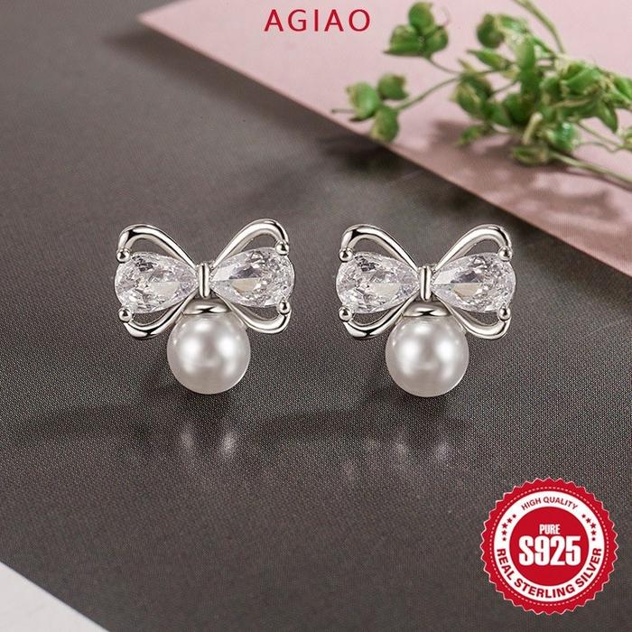 Gambar AGIAO 5A Zircon Bow Pearl Stud Earrings Wanita Kecil Lucu Indah Premium Earrings - anting pejantan dari A.GIAO.ID Kab. Gresik Tokopedia