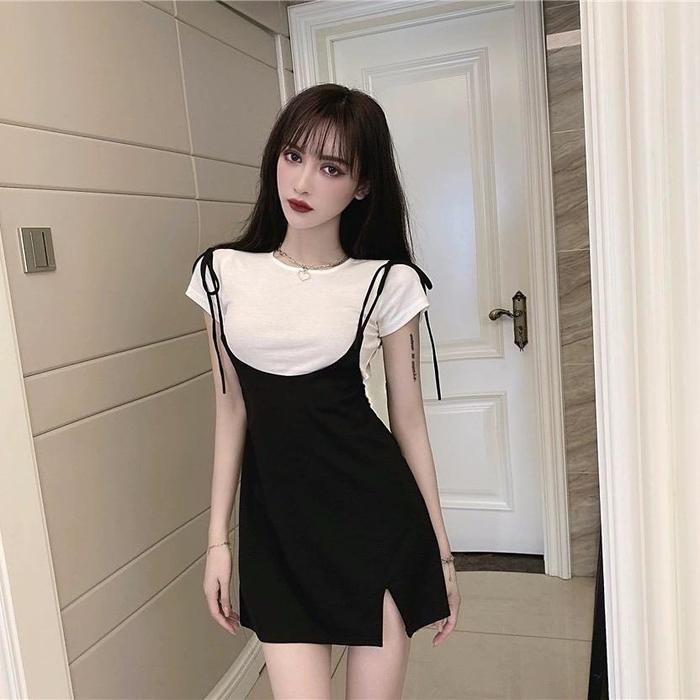 Gambar One Set Crew Neck Top + Strap Loose Adjustable Pendek Skirt 1394 (S-XL) - Black combi white, S dari 99koutlet undefined Tokopedia