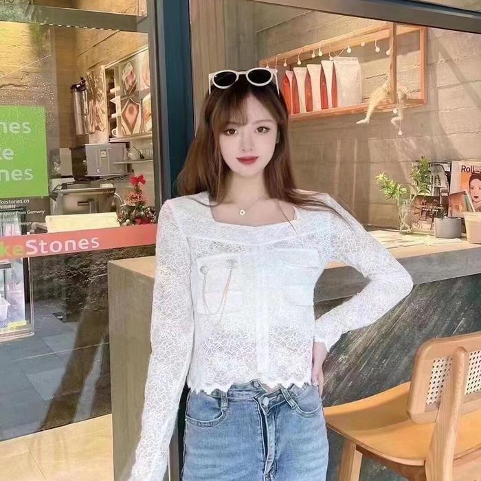 Gambar First Girl-Atasan Korea Style Brukat transfaran Lengan Panjang Blouse Crop- F187 Top Wanita - Putih, One size dari First_Girl undefined Tokopedia