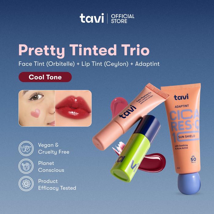 Gambar TAVI Pretty Tinted Trio | TAVI CICA RES-Q10 AdapTint Sun Shield 40 ml - TAVI Color Play Face Tint Orbitelle 9 g - TAVI Gel to Oil Staining Lip Glide  4 g | (Tavi Tinted Sunscreen / Tavi Cream Blush-Highlighter-Eyeshadow / Tavi Lip Tint) - Cool Tone dari Tavi undefined Tokopedia