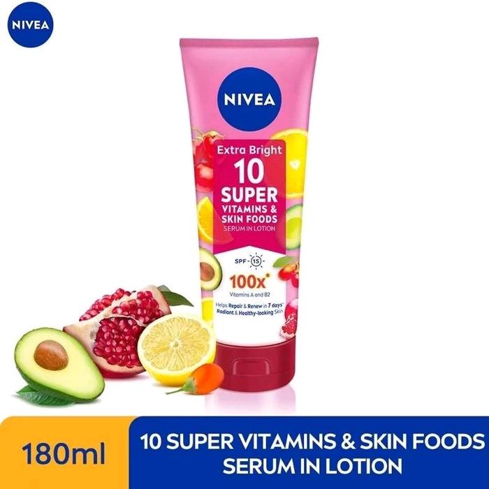 Gambar Nivea Extra Bright Body Serum 10 Super Vitamin & Skin Food + Niacin Am Niacinamide SPF15 180ml Nivea Buah dari BersinarMart undefined Tokopedia