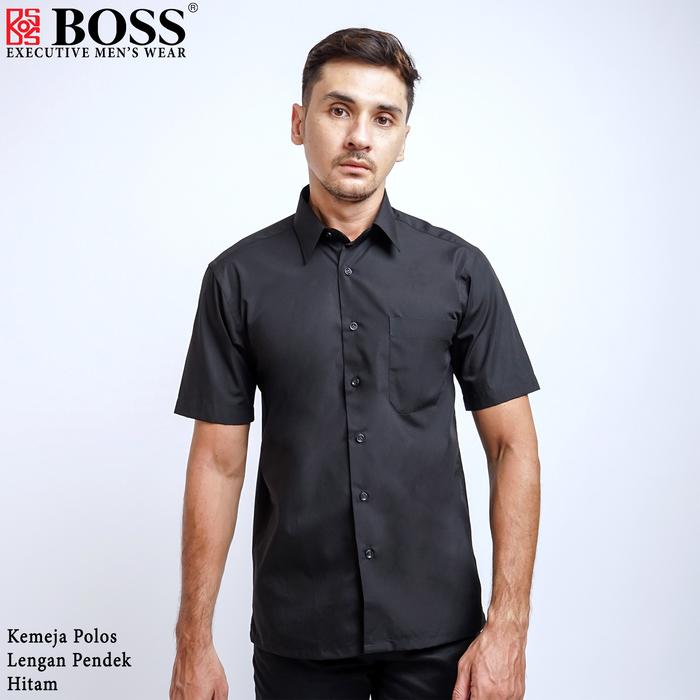BOSS Kemeja Polos Pria Lengan Pendek Regular Fit Hitam 14½ S