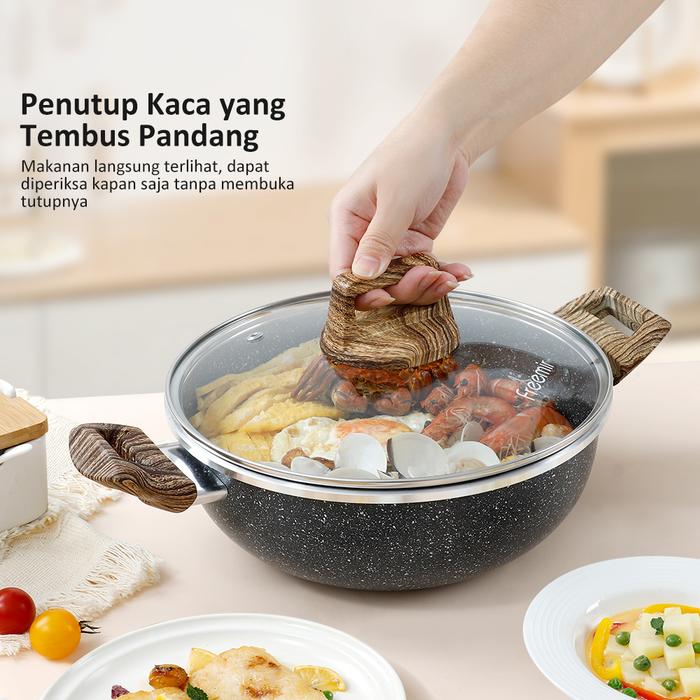 Gambar [MASIH NGEKOST] (READY SBY) freemir Wajan Penggorengan 24 cm Granit Hitam Wajan Anti Lengket Masak Daging Lebaran Tutup Kaca Panci Single Bottom Premium 5 RING dari freemir Jabodetabek undefined Tokopedia