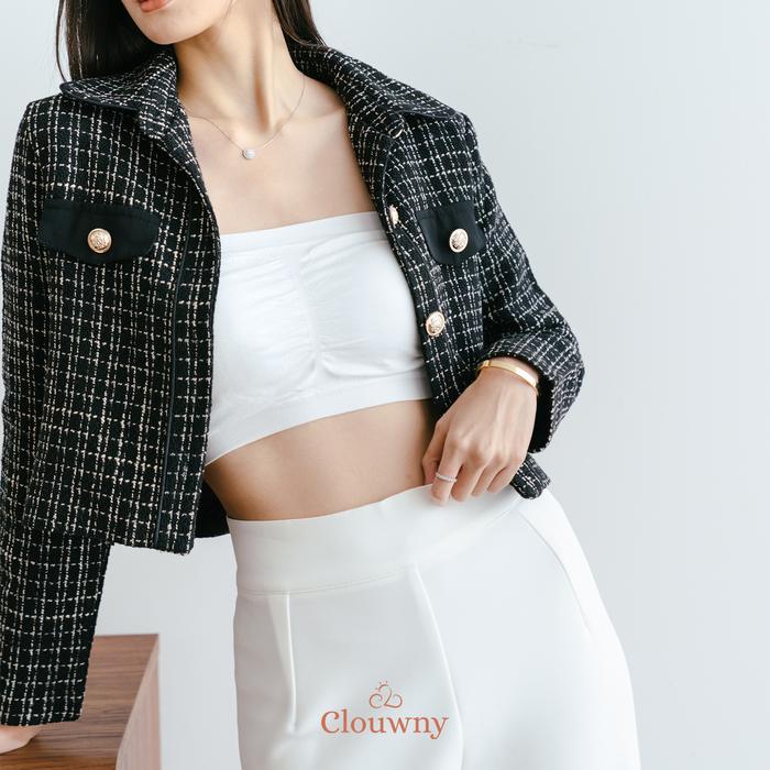 Gambar CLOUWNY -Blazer Wanita Korean Style Nira Button Premium Tweed Blazer Kancing Kantong Kerja Panjang Atasan Variasi Linen Hitam Outer Casual Crop - Black dari CLOUWNY undefined Tokopedia