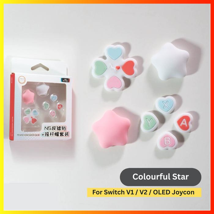 Gambar Nintendo Switch V1 V2 OLED Cute Star Heart Joycon D-Pad ABXY Button Cover Thumb Grip Cap - Colourful Star dari Git Gut undefined Tokopedia