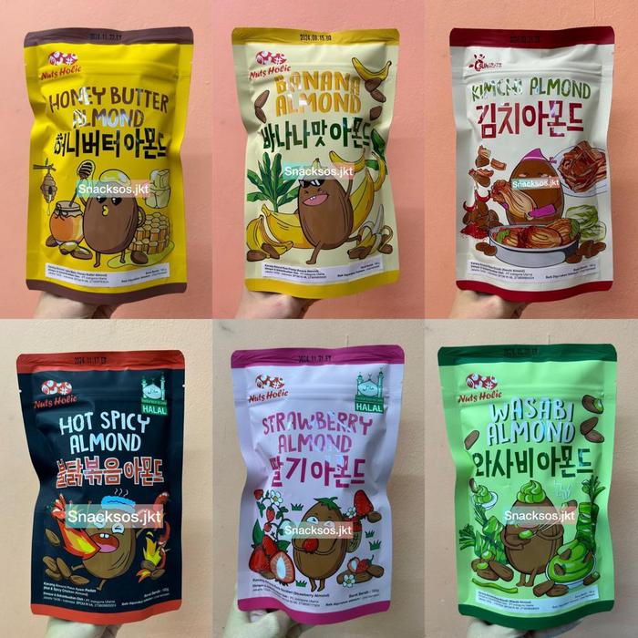 Gambar [BIG 180G] NUTS HOLIC HONEY BUTTER ALMOND / STRAWBERRY ALMOND / KIMCHI ALMOND / BANANA ALMOND / HOT & SPICY ALMOND / WASABI ALMOND dari Snacksos.jkt undefined Tokopedia