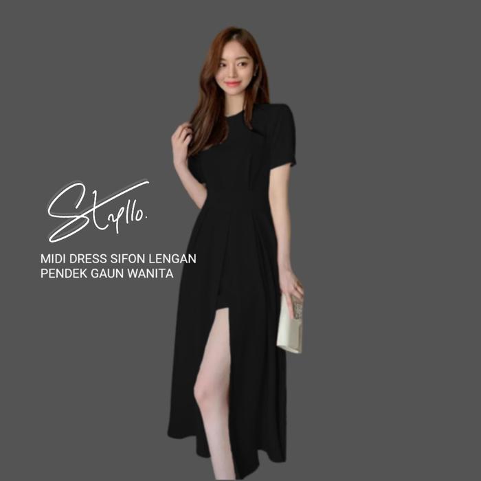 Midi Dress Sifon Lengan Pendek Gaun Casual Wanita Layer Chiffon Elegan  Hitam Black Fit Nyaman Panjang Variasi Cantik di Styllo. | Tokopedia