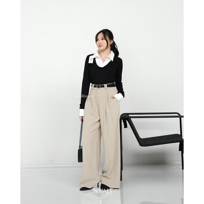 Gambar SIVALI Megan Knit Collar Top - Atasan Wanita Rajut Combined Shirt - Casual Look Korean Top Baju Panjang Rib Knitwear - Black dari Sivali Factory_NEW undefined Tokopedia