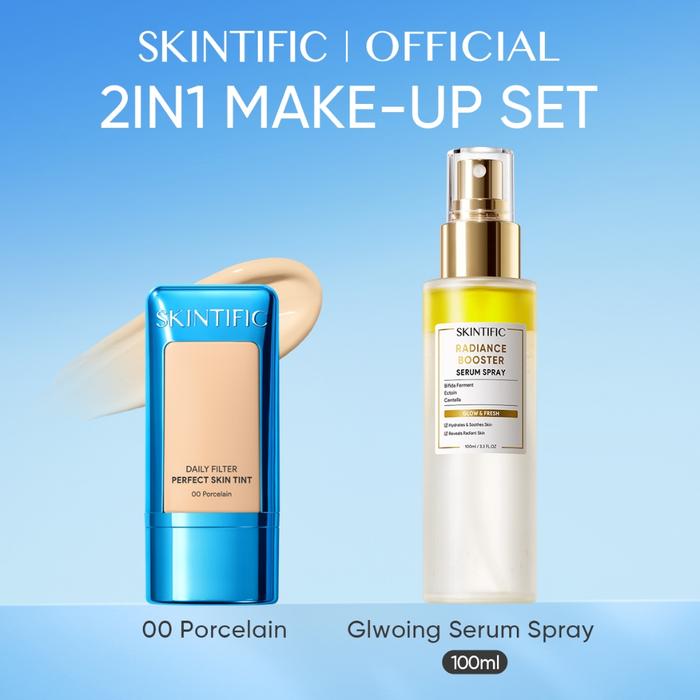 Gambar SKINTIFIC - 2IN1 5Mins Glwoing Make-up Set | Instant Glow Serum Spray Radiance Booster Perfect Coverage Blurring Skin Tint  Flawless BB CC Cream Tinted Foundation Blur Long-lasting Setting Spray Bundle - Glow Makeup Set 00 dari Skintific Official Store undefined Tokopedia